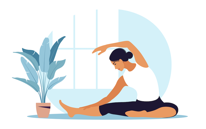 Woman practising yoga at home, arm stretched out over head