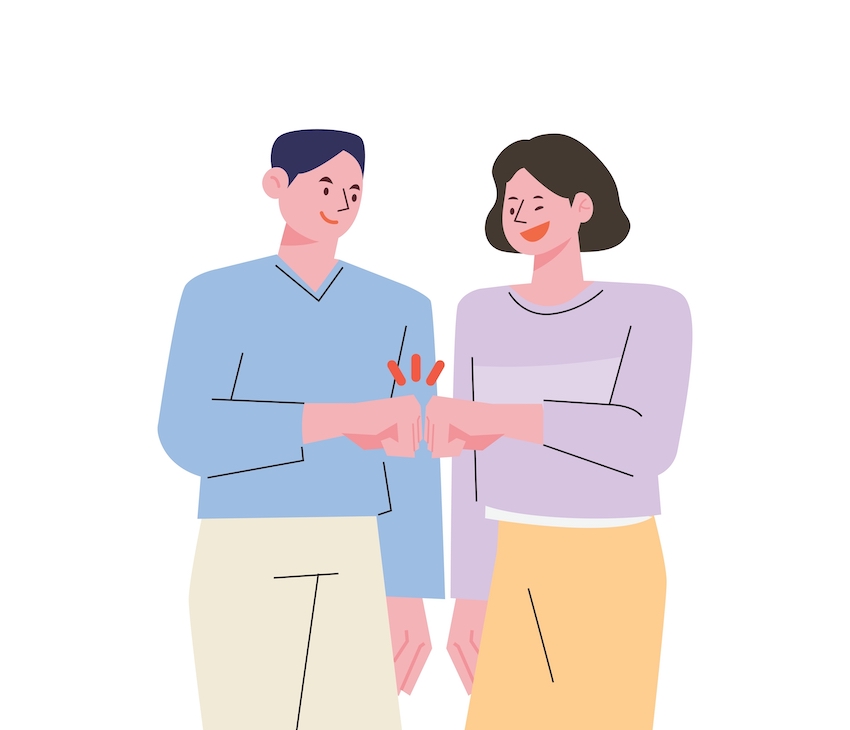 Tips for family caregivers - cartoon of friends supporting each other with a fist bump.