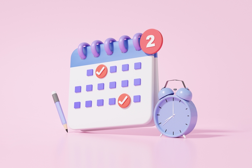 Tips for family caregivers - graphic of purple clock and calendar to represent time management 